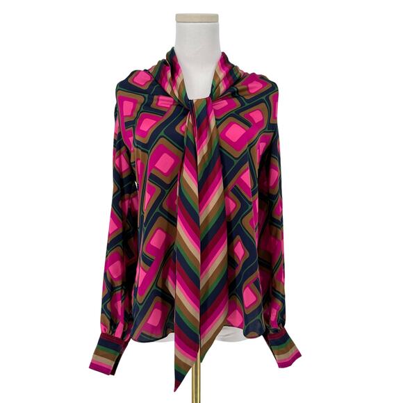 Trina Turk Satin Tie Neck Blouse NWT Small 70s Print Designer Long Sleeve Top - Picture 1 of 6